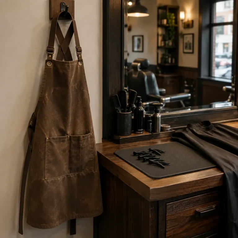 A waxed canvas barber apron hanging beside a barber station with a cape, sectioning clips and a magnetic mat