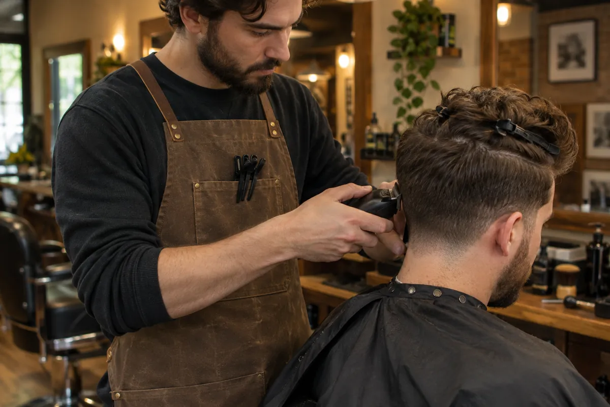 A barber in a waxed canvas apron cutting hair, with sectioning clips in the apron pocket