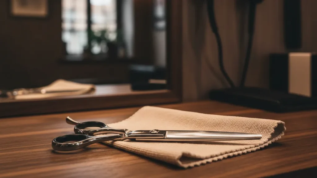 Professional barber shears resting on a polishing cloth on a dark wood barbershop work station, with clippers blurred on the wall behind