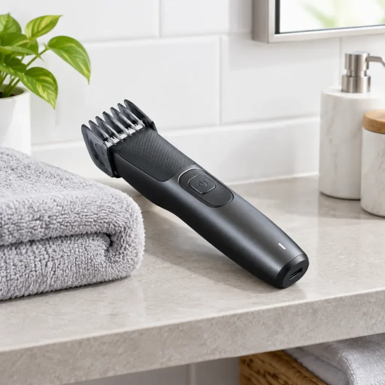 Best Body Groomers for Men (2026 Guide) 5 Cordless body groomer with guard comb on a bathroom shelf next to a folded towel