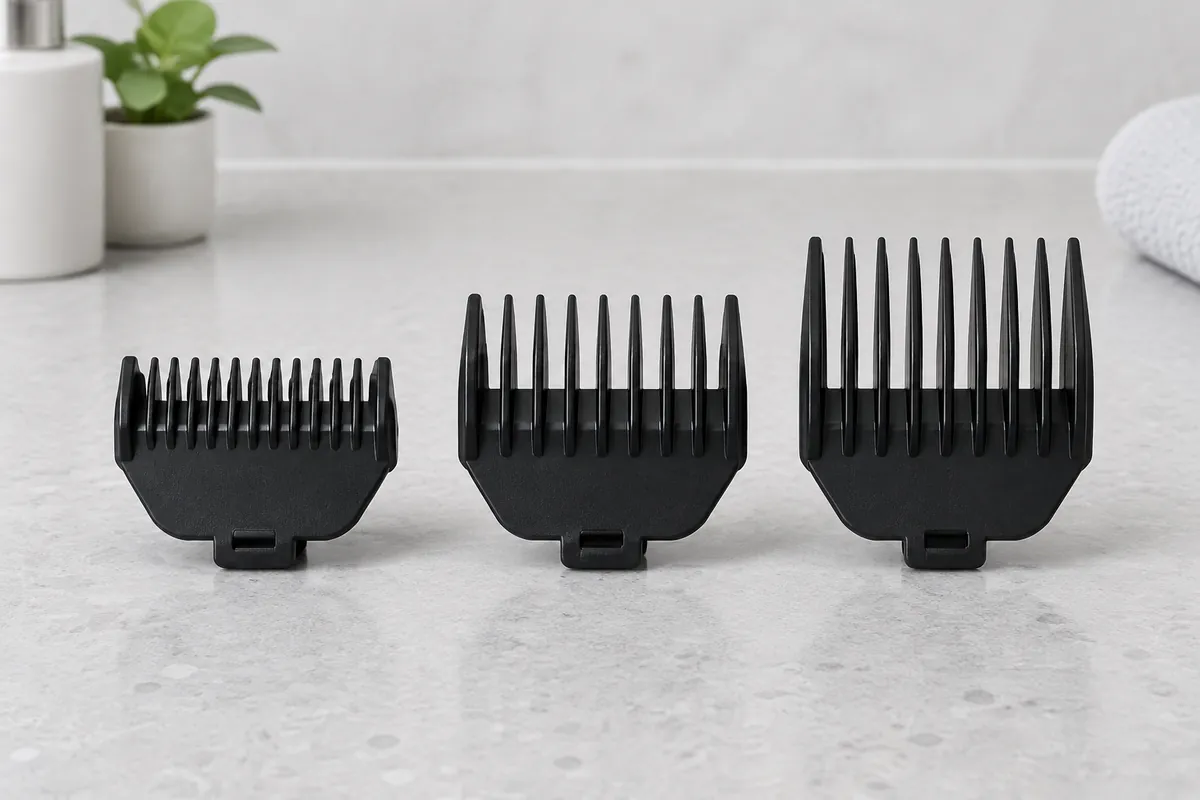 Three trimmer guard combs in increasing lengths lined up on a bathroom counter