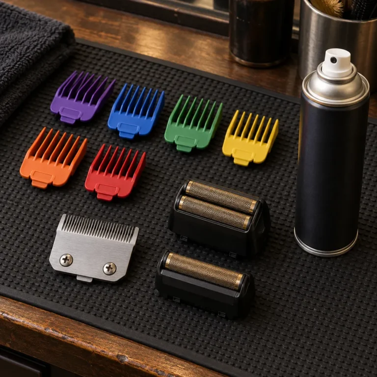 Clipper replacement parts arranged on a barber station: guide combs, a spare blade, foil heads and blade coolant spray