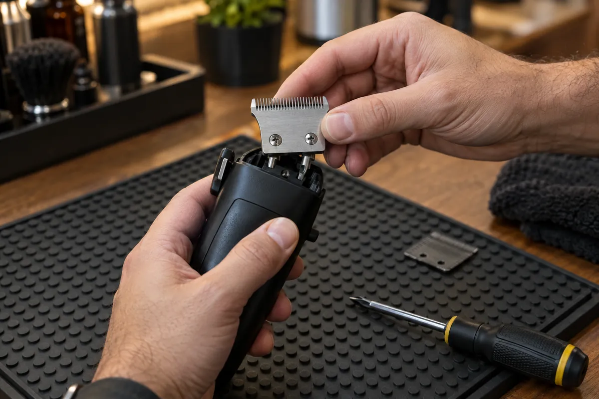Close-up of a barber swapping a replacement blade onto a cordless clipper over a station mat