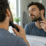 Close-up of a man edging his beard line with a cordless trimmer in a bathroom mirror