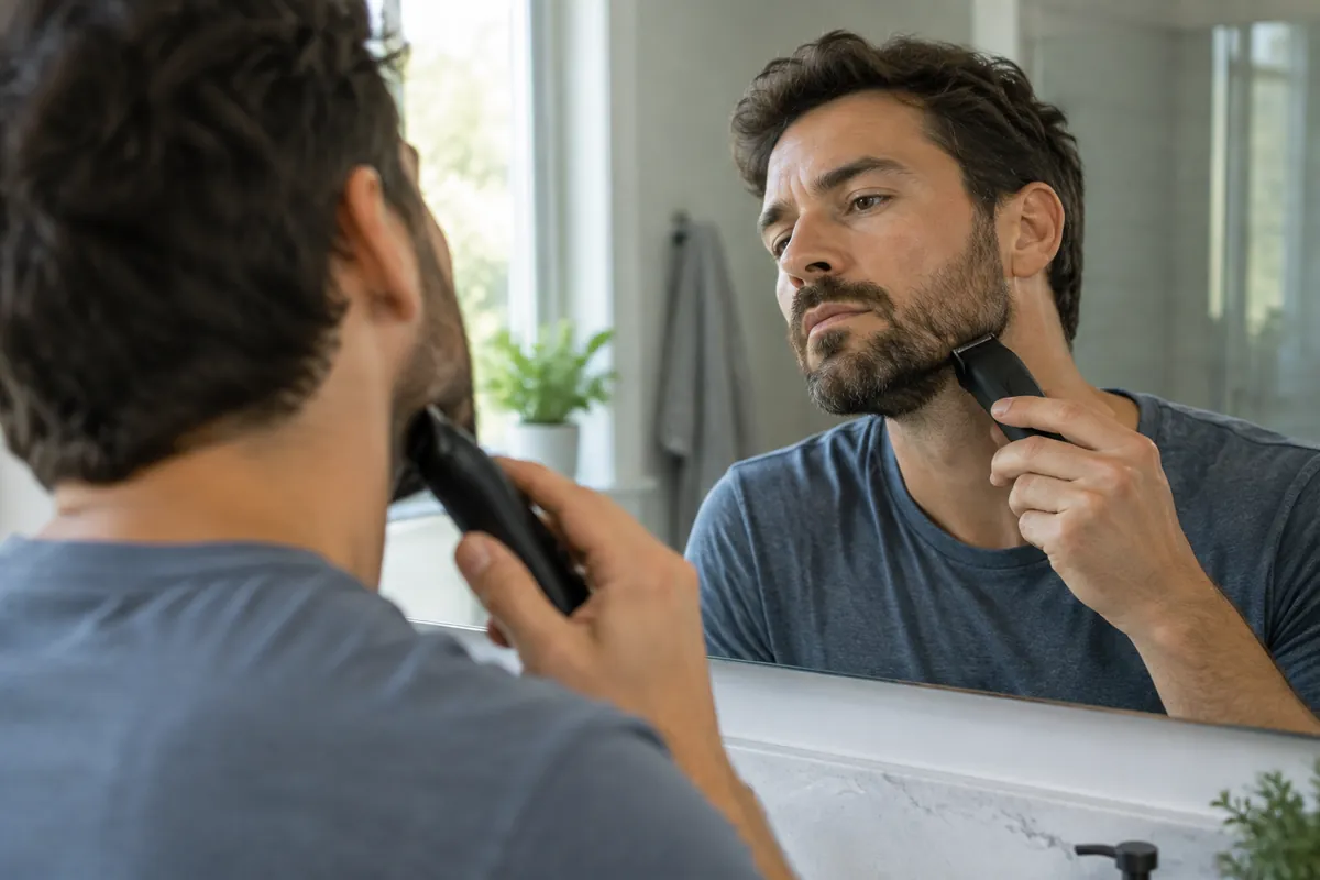 Best Cordless Trimmers for Men (2026 Gift Guide) 2 Close-up of a man edging his beard line with a cordless trimmer in a bathroom mirror