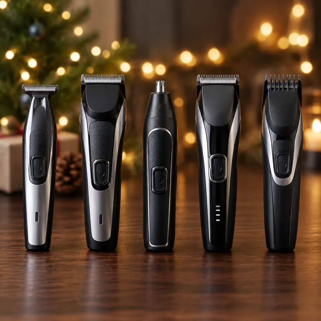 Best Cordless Trimmers for Men (2026 Gift Guide) 1 A lineup of cordless beard and hair trimmers on a dark surface with subtle holiday lights in the background