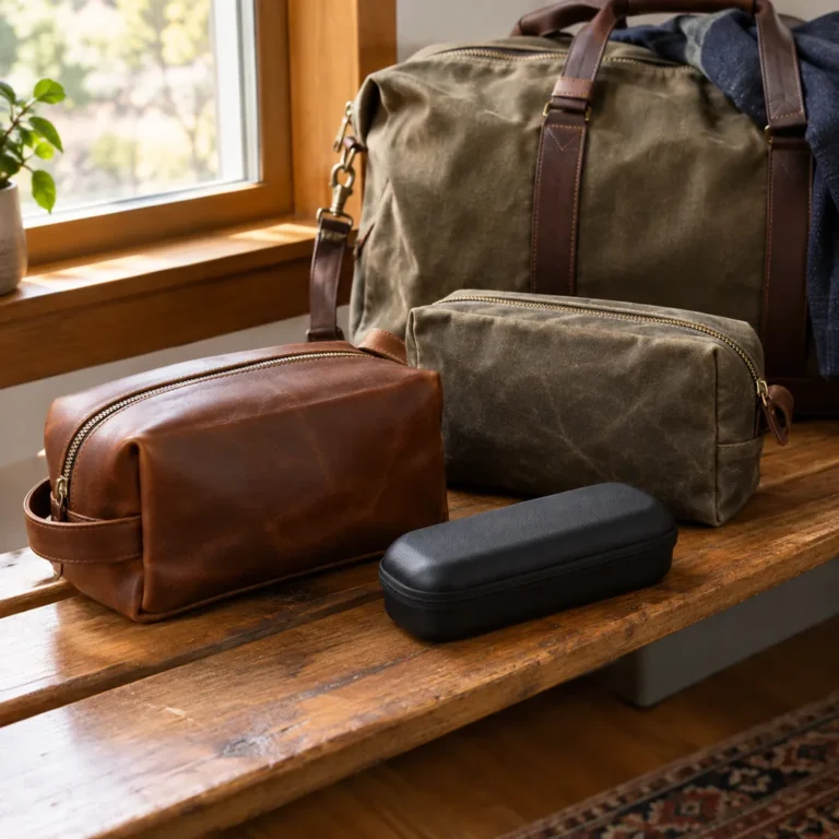 Best Dopp Kits and Travel Grooming Bags (2026) 8 Leather dopp kit and travel grooming bags arranged on a wooden bench with a packed weekender bag