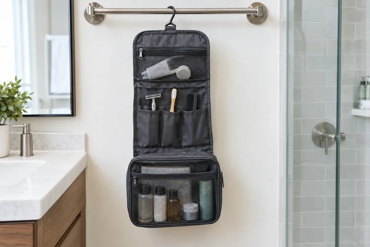 An open hanging toiletry bag on a hotel bathroom hook with grooming items organized in its pockets