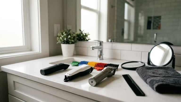 8 Best Hair Clippers for Men at Home in 2026 (Easy DIY Picks) 5 Three cordless hair clippers and color-coded guide combs laid out on a bathroom counter for an at-home haircut
