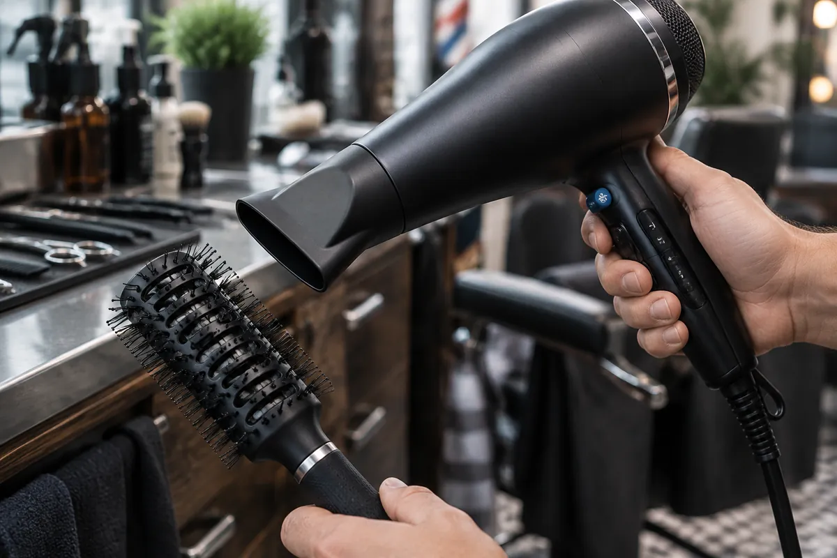 Best Hair Dryers for Men: What Barbers Reach For 2 Hand holding a professional hair dryer with concentrator nozzle aimed at a vent brush at a barber station
