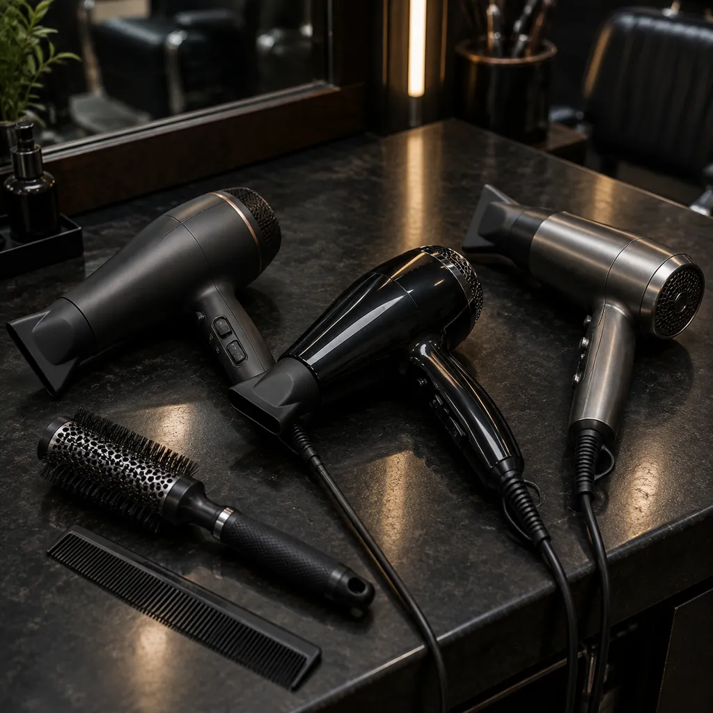 Best Hair Dryers for Men: What Barbers Reach For 1 Three professional hair dryers on a dark barber station counter with a vent brush and comb