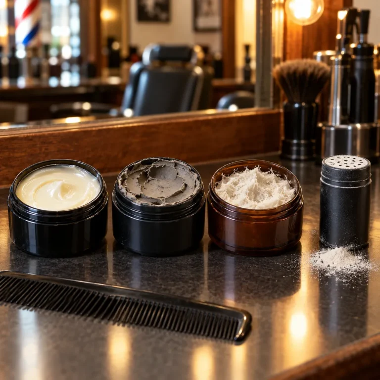 Open jars of pomade, clay, fiber and a styling powder shaker on a barber station counter