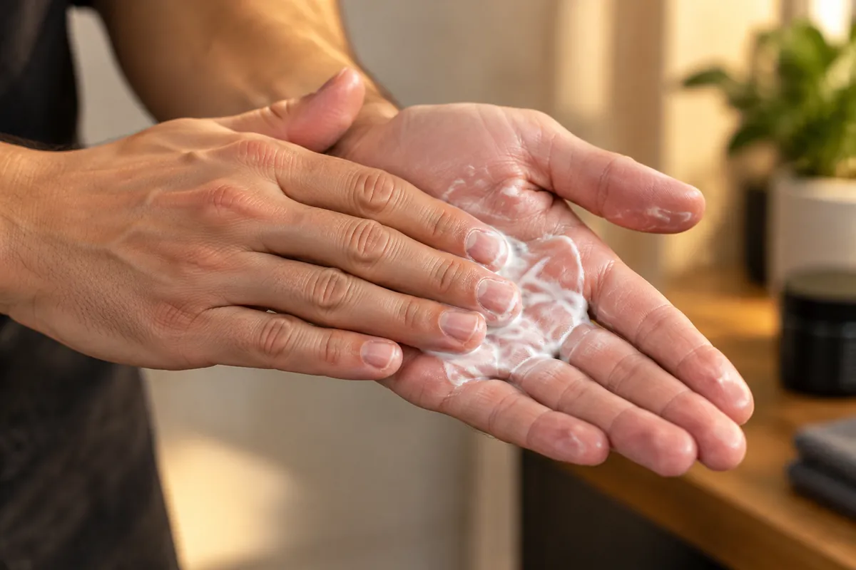Hands emulsifying a fingertip amount of styling cream between the palms