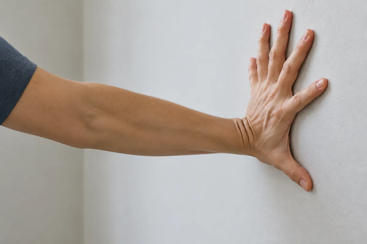 Hand pressed flat against a wall doing a wrist stretch, fingers spread wide