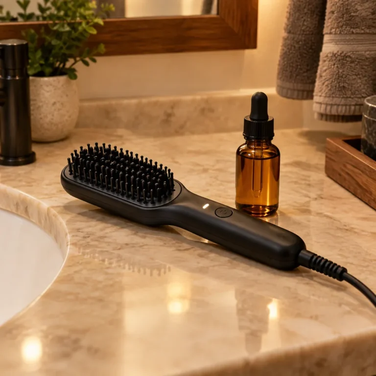 Compact heated beard brush on a bathroom counter next to a bottle of beard oil