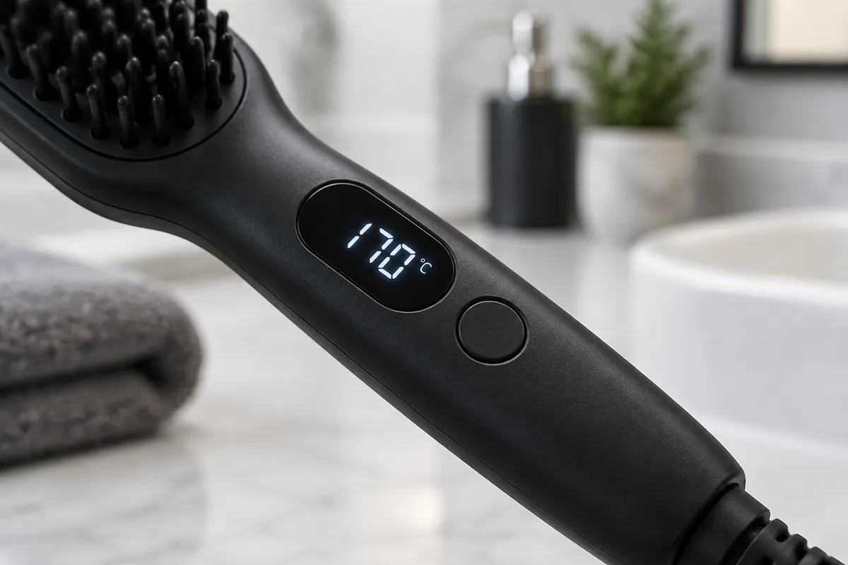 Best Heated Beard Brushes for Curly Beards (2026) 2 Heated beard brush handle with a digital display reading 170 degrees Celsius
