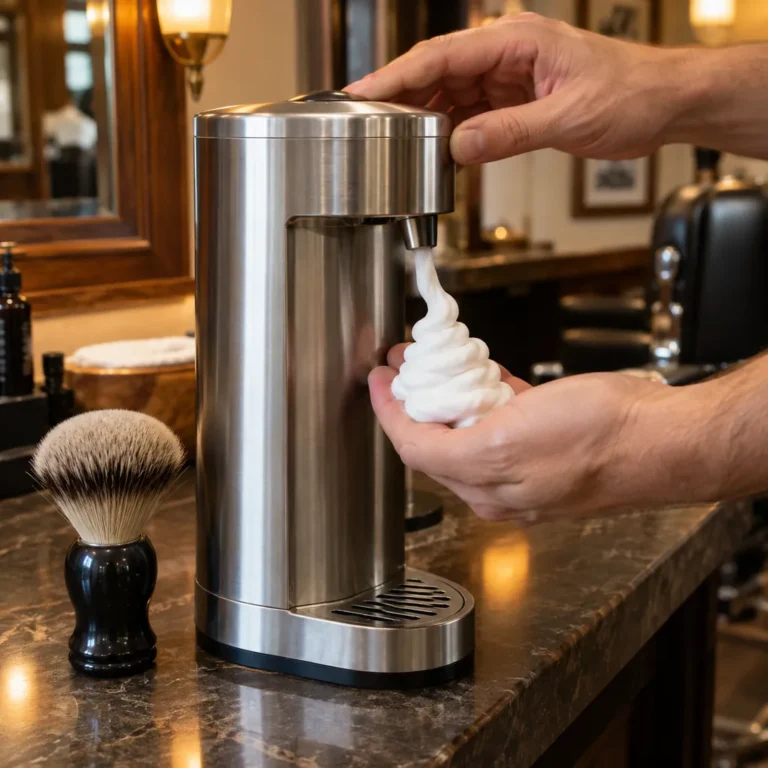 A hot lather machine dispensing warm shaving lather onto a barber's hand next to a shaving brush