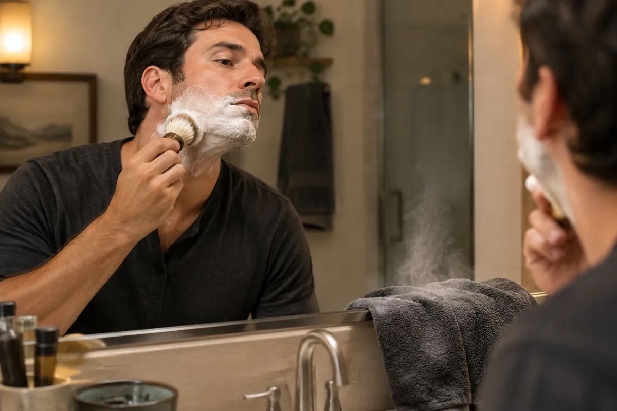 A man applying warm shaving lather to his face with a brush in front of a bathroom mirror
