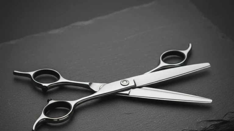 Premium Japanese steel barber shears with polished blades resting on a dark slate surface