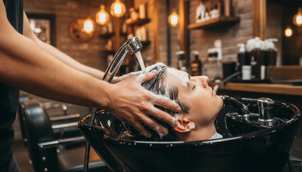 The Best Luxury Shampoos for Men (2026) 2 Barber washing a client's hair with rich lather at a barbershop shampoo bowl