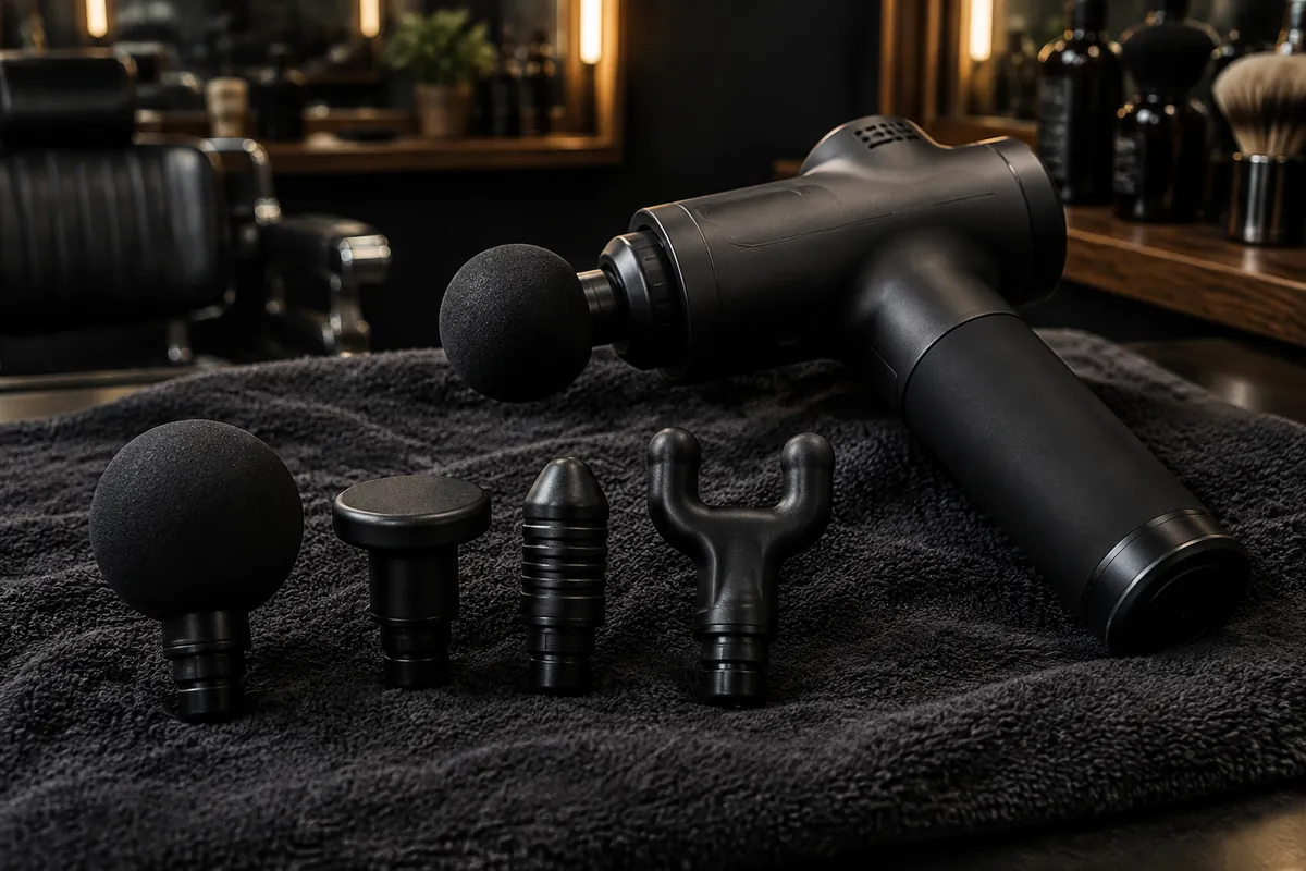 Massage gun with ball, flat, bullet and fork attachments laid out on a dark towel