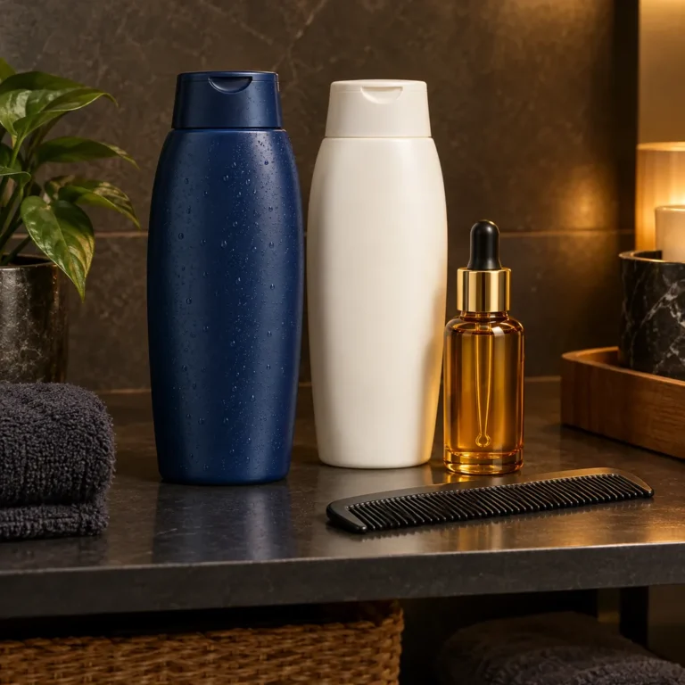 Best Scalp Care Products for Men (2026 Guide) 5 Anti-dandruff shampoo, conditioner, argan oil and a comb on a dark bathroom shelf