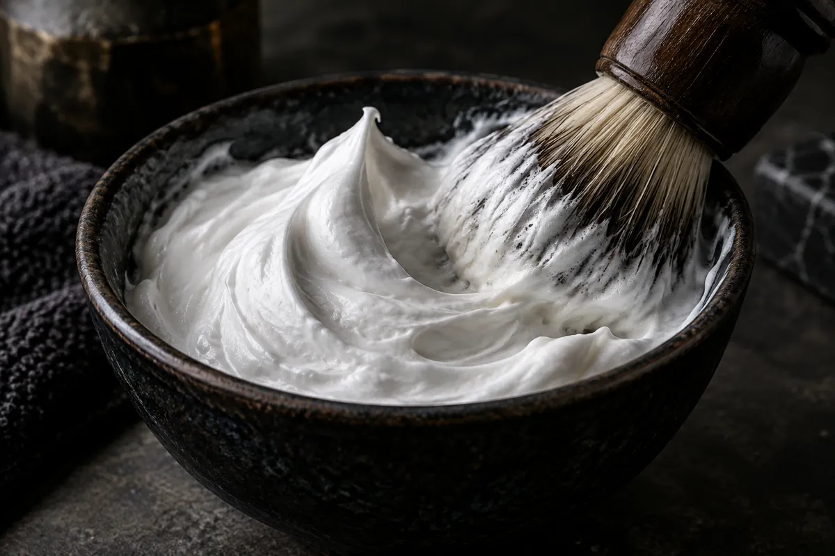 Thick shaving lather with soft peaks being whipped in a dark ceramic bowl