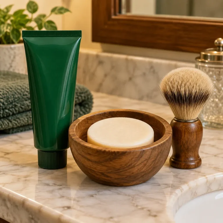 Green tube of shaving cream, soap puck in a wooden lather bowl, and a shaving brush on a bathroom counter