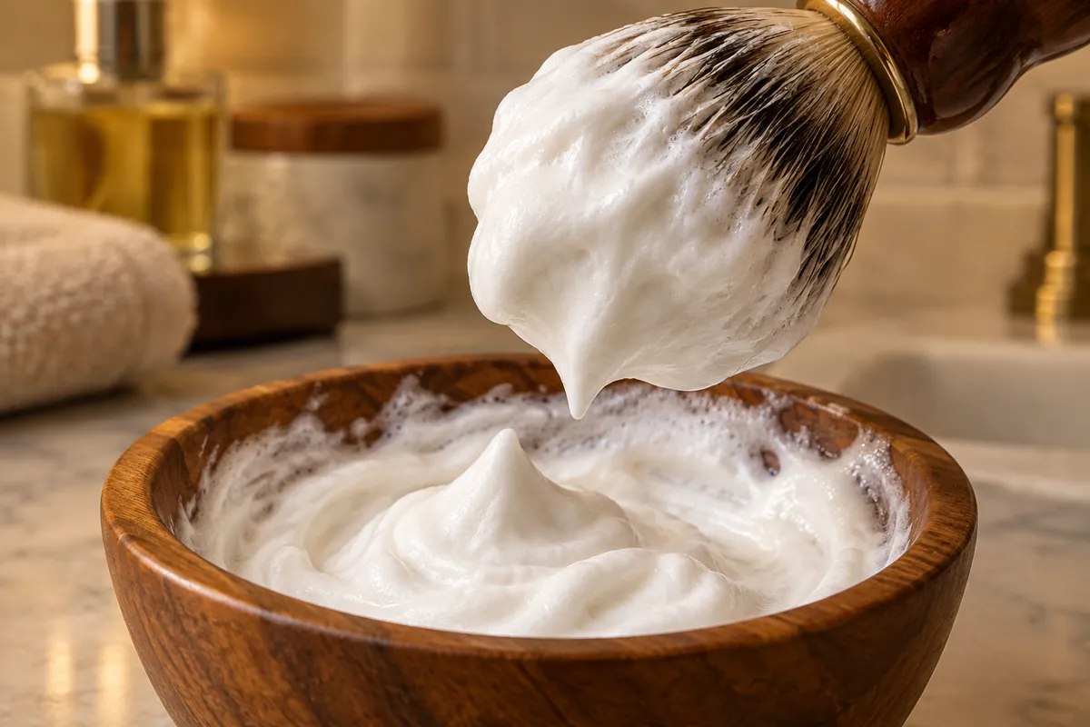 Dense wet shaving lather with soft peaks on a brush above a wooden bowl