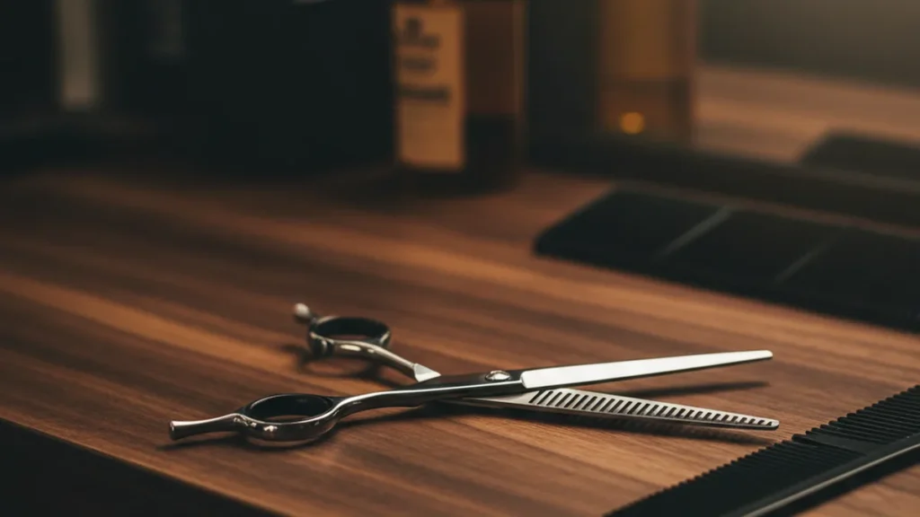 A pair of professional thinning shears with serrated teeth laid out on a barber station beside a comb