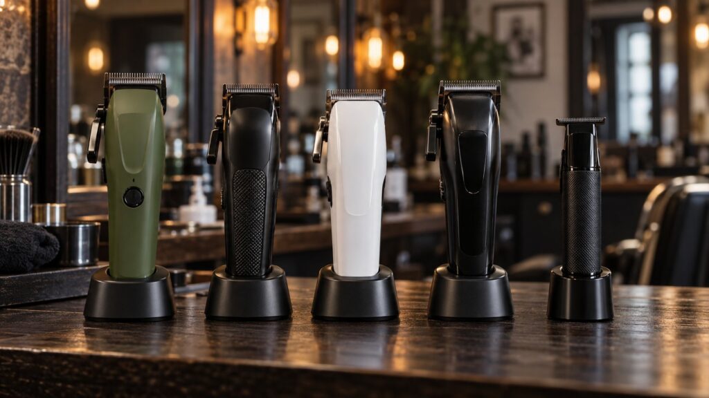 Best TPOB Clippers: Every Model Ranked by Real Barbers 1 TPOB clipper lineup on charging stands on a barbershop counter, including the matte green Slime 2