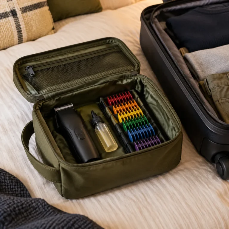 A compact cordless hair clipper and travel grooming kit packed in an open dopp kit on a bed