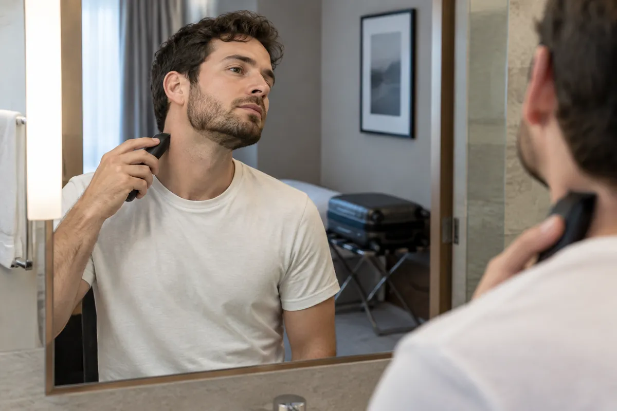 A man giving himself a quick neckline cleanup with a cordless clipper in a hotel bathroom mirror