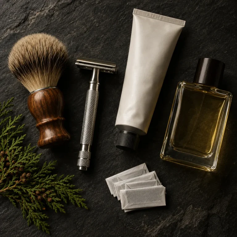 A wet-shaving gift set with a stainless safety razor, shaving cream, brush and balm arranged on dark slate