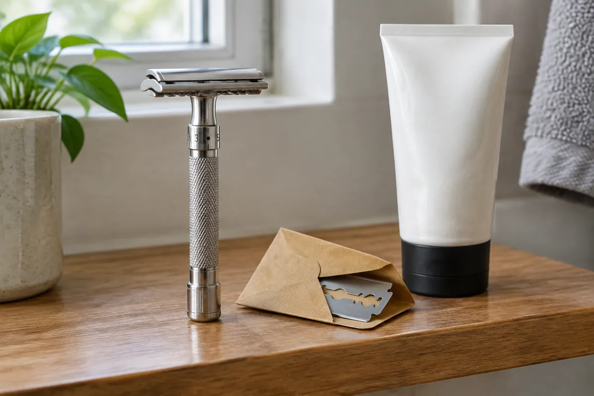 A stainless adjustable safety razor beside a blade sampler pack and a tube of shaving cream on a wooden shelf