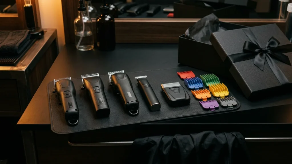 Best Black Friday Clipper Deals 2026: Barber Tools on Sale 1 Cordless barber clippers, a trimmer, a foil shaver and color-coded guards on a black barber mat next to a black gift box