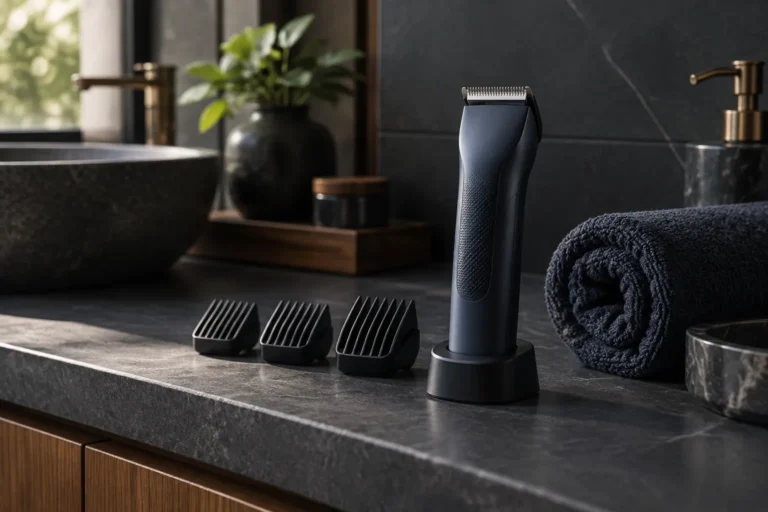 Cordless body hair groomer with guard combs beside a rolled towel