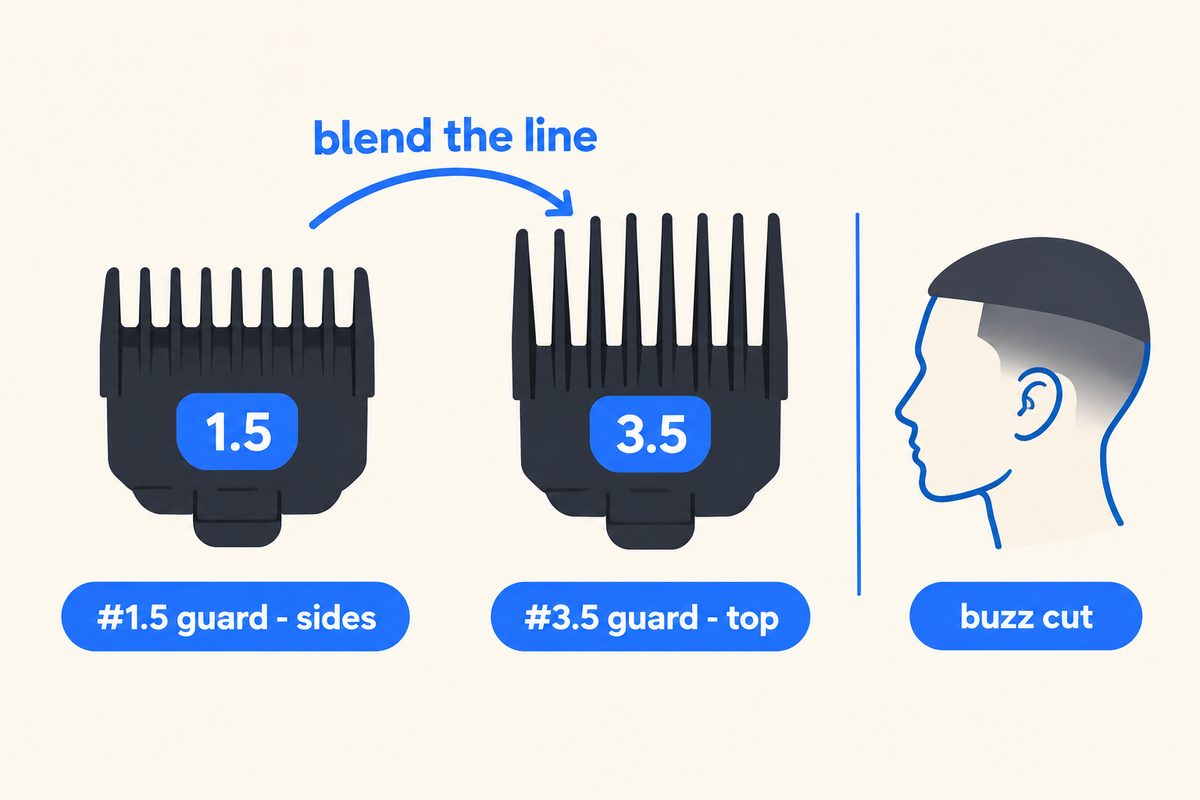 Buzz cut clipper guard diagram showing a #1.5 guard for the sides blending into a #3.5 guard on top