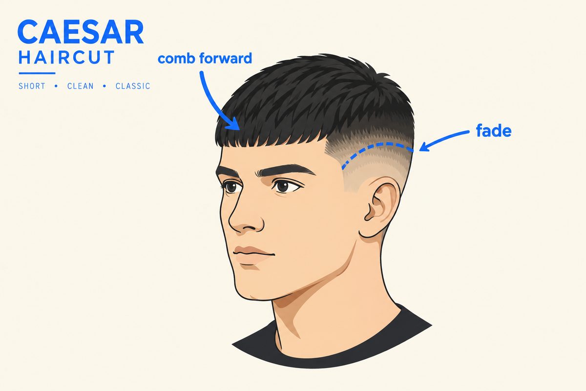 How to Cut a Caesar Cut: A Barber's Method 2 Caesar cut diagram showing the forward-combed fringe and faded sides