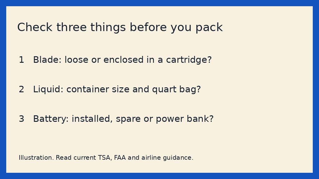Illustration listing separate blade, liquid-container and battery packing checks.
