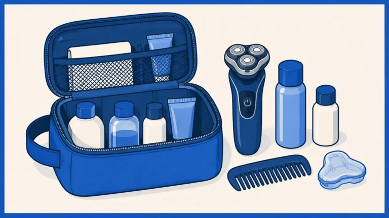 Carry-On Grooming Rules: Razors, Clippers and Liquids 2 Illustration of an open toiletry bag, generic electric shaver, capped bottles, comb and protective shaver cover.