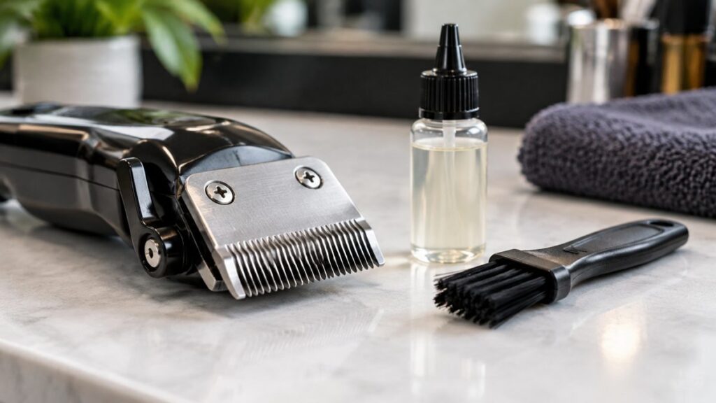 Clipper Blade Care: Oil, Blade Types and When to Replace 1 Clipper blade, a small bottle of oil and a cleaning brush on a marble bench