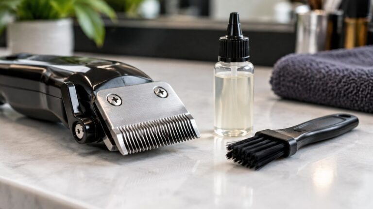 Clipper Blade Care: Oil, Blade Types and When to Replace 2 Clipper blade, a small bottle of oil and a cleaning brush on a marble bench