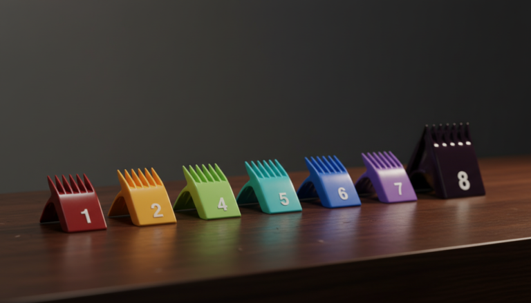 Clipper Guard Sizes Explained (2026): The Andis System, Plain and Simple 25 Row of numbered clipper guard combs by size