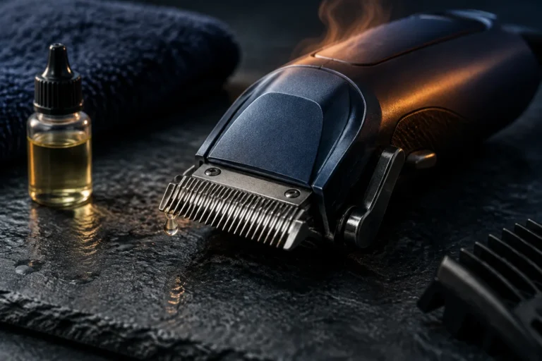 Hair clipper blade head with a drop of blade oil and faint heat shimmer on dark slate