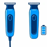 Blue illustration of two unbranded T-blade trimmers, one with a cord and one beside a battery icon.