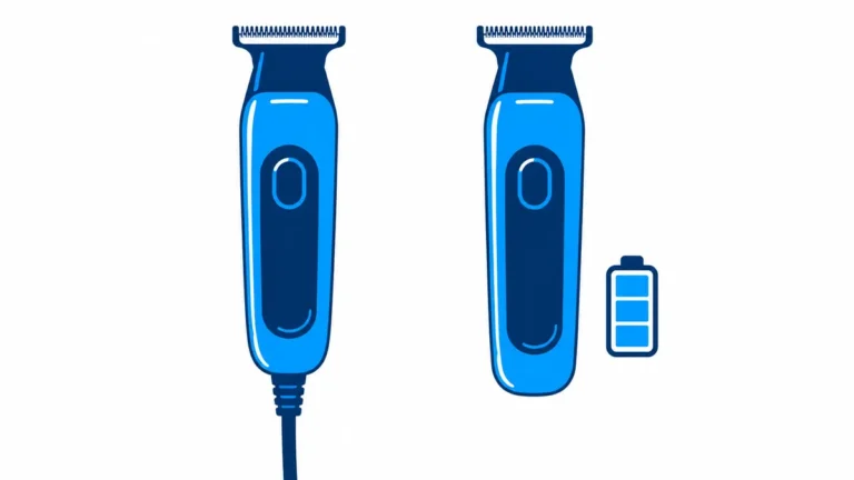 Blue illustration of two unbranded T-blade trimmers, one with a cord and one beside a battery icon.