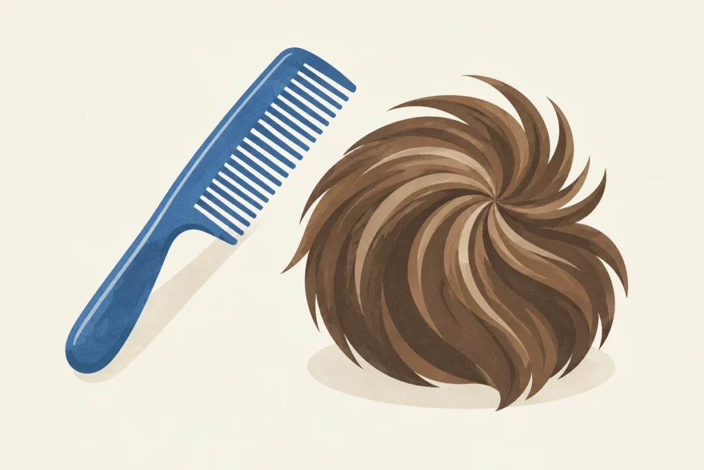 Illustration of a barber comb beside a tuft of hair swept into a spiral whorl