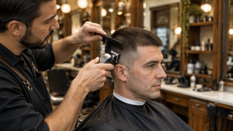 How to Cut a Crew Cut: What Two Barber Tutorials Show 7 Barber using clipper over comb technique on the side of a man's crew cut in a barbershop