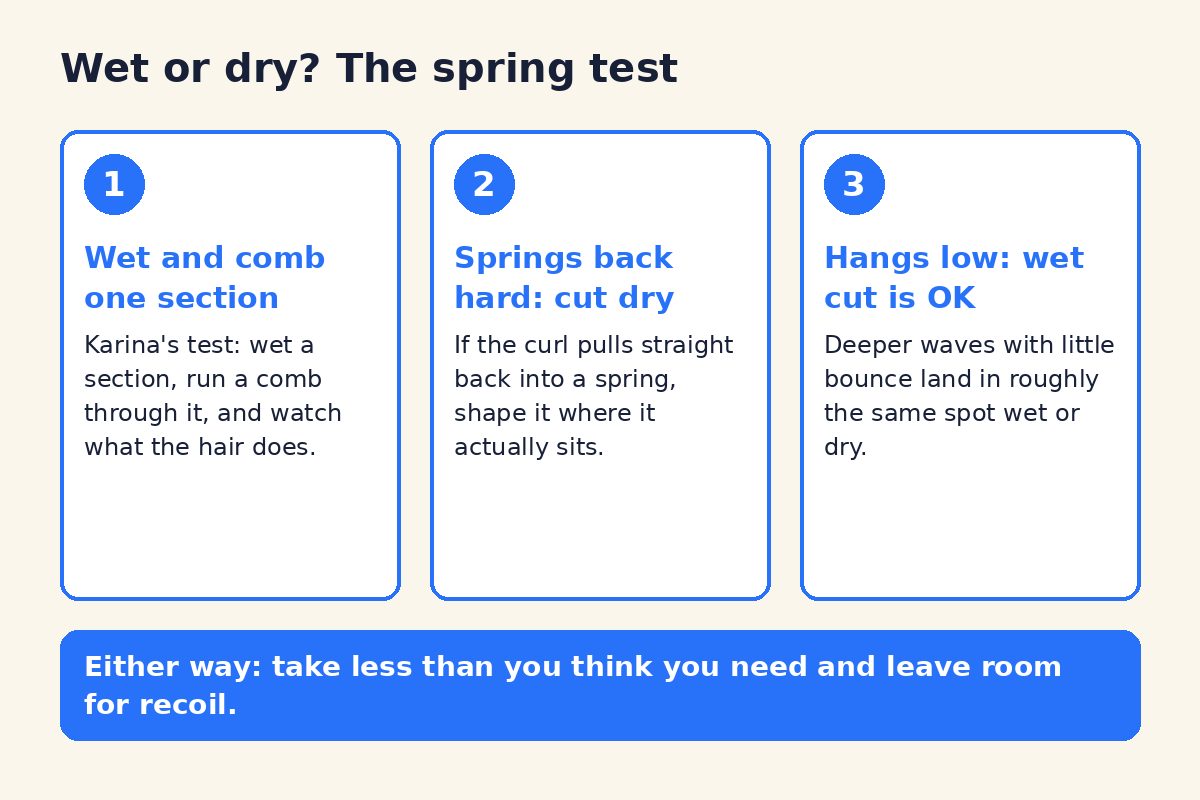 Diagram of the wet or dry spring test for cutting curly hair